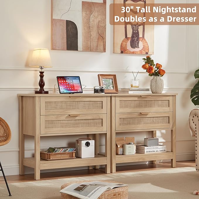 LEYAOYAO 31.5" Wide Rattan Night Stand with Charger Station, Oversized Large Boho Nightstand with 2 Drawer, Natural Wood Bed Side End Tables, Tall Bedside Table for Bedroom Living Room, Hallway