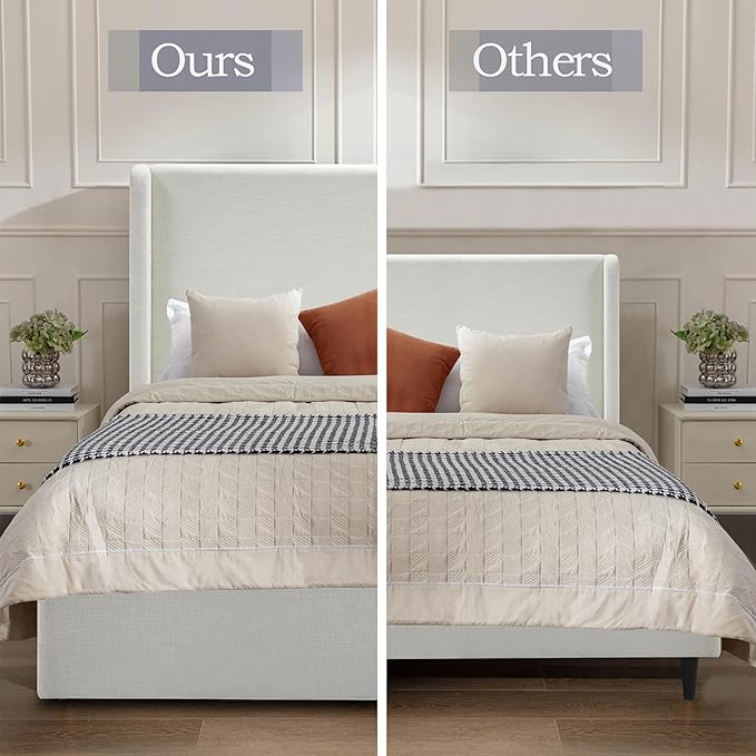 KEIKI Queen Bed Frame with Upholstered Wingback Headboard, Tufted Chenille Platform Bed, No Box Spring Needed, Ivory