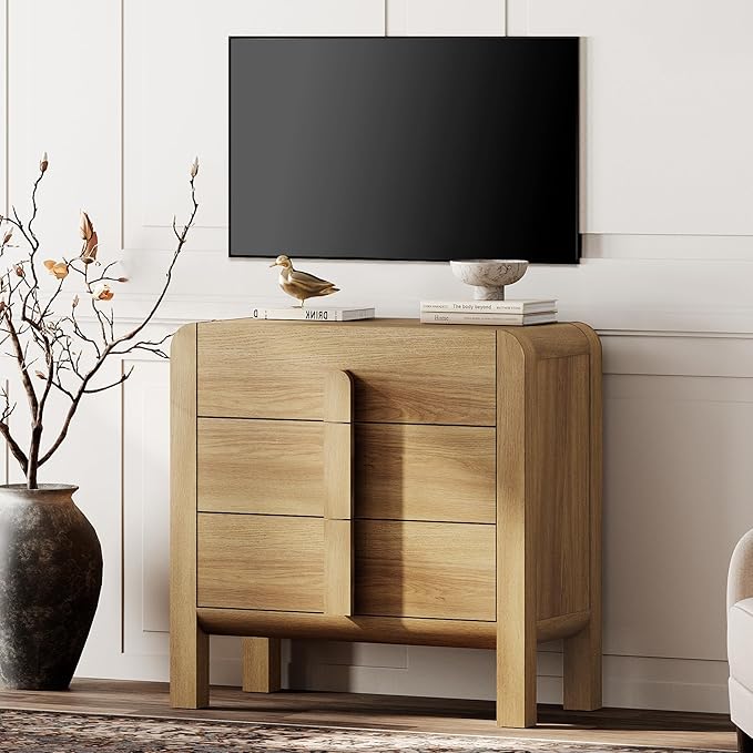 WAMPAT 3 Drawer Dresser for Bedroom, 31.5" Wide Mid Century Modern Wide Chest of Drawer, Wood Tall Nightstand with Curved Edge Handles, Closet Dresser TV Stand for Bedroom, Light Walnut