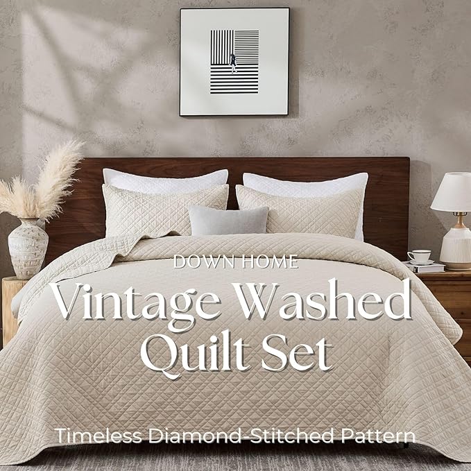 Queen Quilt Set with Shams Lightweight Quilted Bedspread Coverlet Thin Comforter Bed Cover Vintage Washed Quilted Blanket for All Season, Brushed Microfiber Diamond Stitching, Beige, 88"x92"