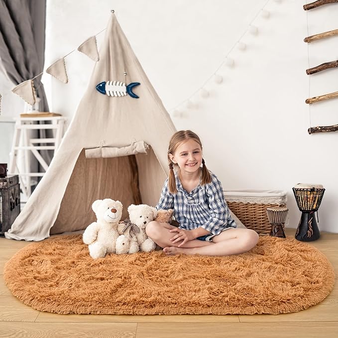 Noahas Fluffy Khaki Rugs for Bedroom Living Room,2.6'X5.3' Oval Throw Rug for Kids Room,Shag Hallway Runner Rug,Small Soft Shaggy Bedside Non-Slip Plush Nursery Dorm Carpet Home Decor Aesthetic