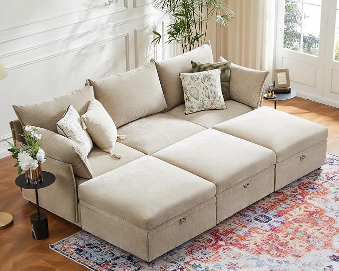 ABCASA 102.6" Luxury Modular Sleeper Sofa Bed 6 Seat Reversible Sectional Couch Deep Seat with Storage Chaises Removable Cover for Living Room, Apartment - Chenille Beige