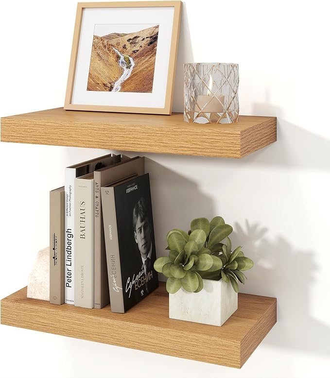 Floating Shelves for Wall, 7.9" Deep Wall Mounted Wood Shelves for Bathroom, Bedroom, Living Room, Kitchen, Hanging Shelf for Books/Storage/Room Decor (Oak, 16")