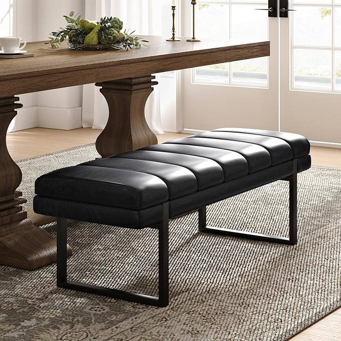 HULALA HOME 53" Faux Leather Entryway Bench, Button Tufted End of Bed Bench Ottoman for Bedroom, Living Room with Metal Base,Black