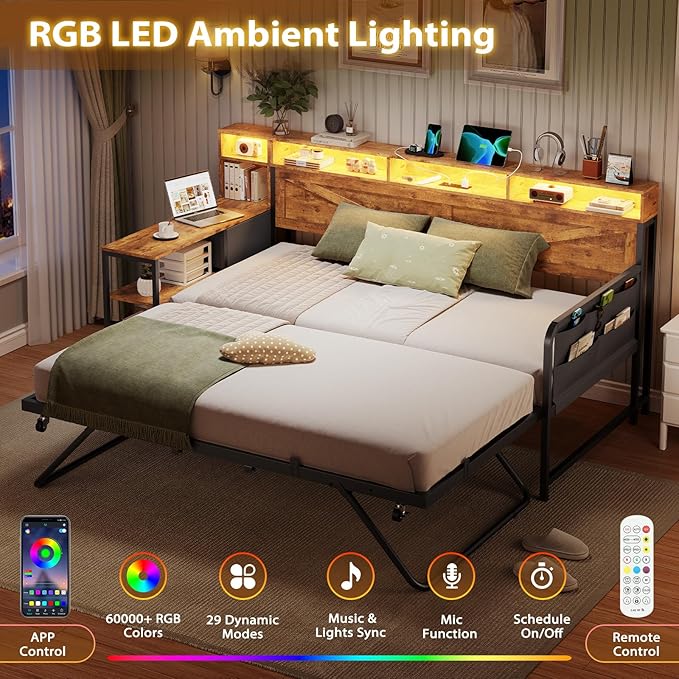 VIAGDO Daybed Twin with Pop Up Trundle, Farmhouse Wooden Day Bed Frame with 3 Storage Drawers and Shelves, Twin to King Daybed with Charging Station and LED Lights for Bedroom, Rustic Brown