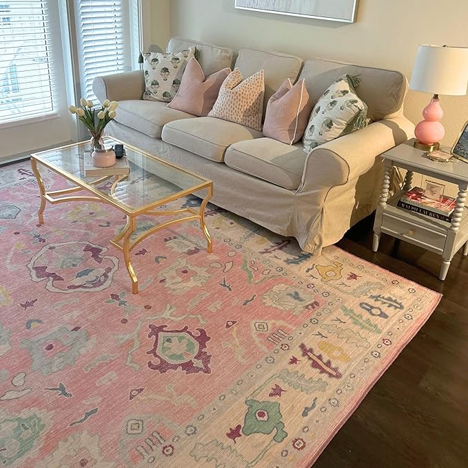 Fame Rugs Pink Modern Oushak Rug 9x12, Vintage Turkish Colorful Oriental Washable Antique Inspired Oversize Area Rugs, Luxury Living Room Bedroom (385PB, 9' x 12)