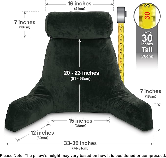 Husband Pillow XXL – Reading Pillow Bed Chair with Arms & Back Support – Dark Green - Back Pillow for Beds Sitting Up – Bed Rest Arm Pillow – Comfy Reading Pillow for Adults