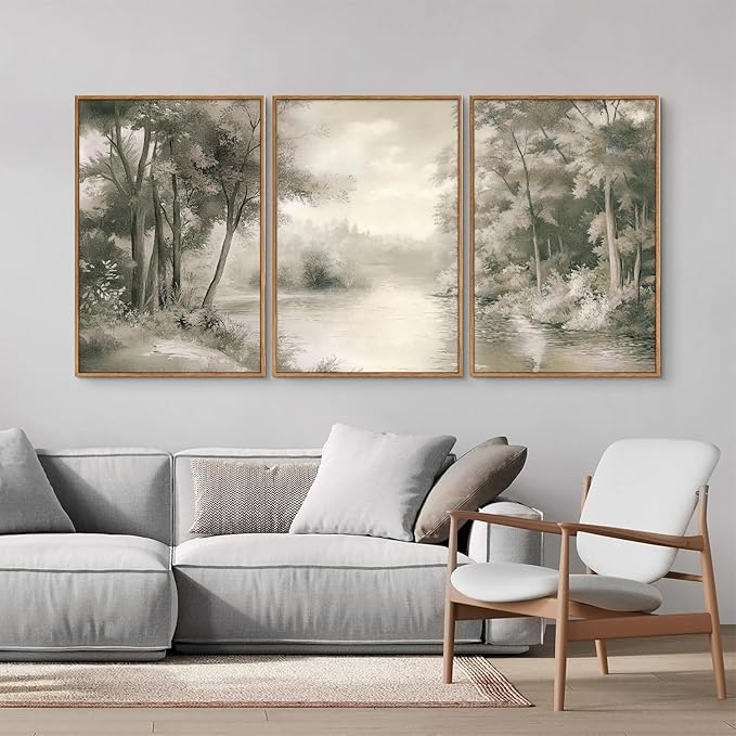 Yeehomedec Vintage Nature Landscape Framed Canvas Wall Art Set, Rustic Misty Forest Sketch Wall Decor, Neutral Wooden Trees Art Print, Retro Foggy Scenery Artwork for Living Room Bedroom Office 16"x24"x3