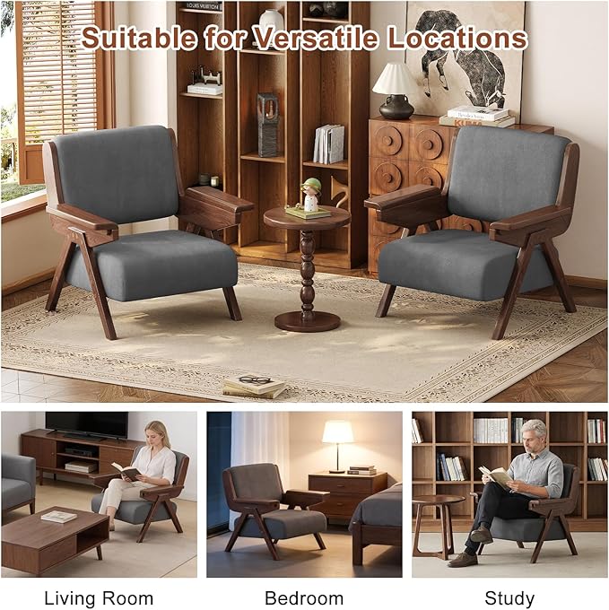Mid Century Modern Accent Chair, Fabric Upholstered Lounge Arm Chair with Solid Wood Frame for Living Room, Bedroom, Office, Reading Corner (Gray, Set of 2)