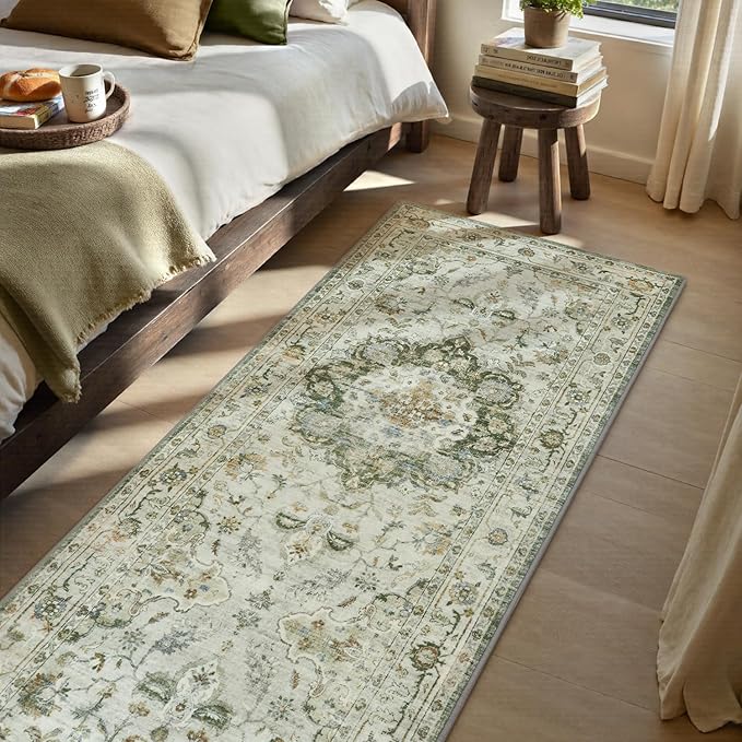 PADOOR 2X10 Runner Rug,Runners for Hallways,Soft Green Washable Bedside Rugs for Bedroom,Non Slip Long Rug for Hallways Entryway Laundry Room Stair Kitchen Bathroom