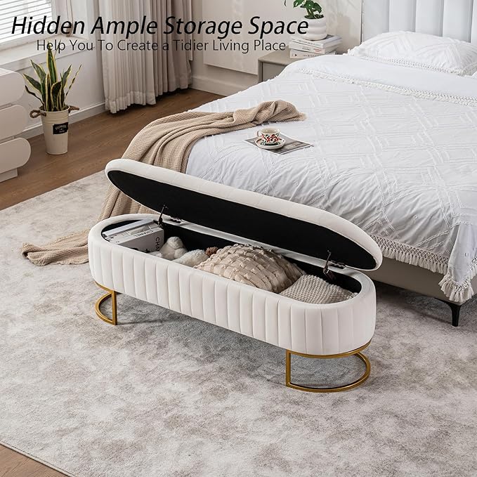 Velvet Storage Bench for Bedroom, Modern Tufted End of Bed Bench for King Size Bed, Upholstered Long Ottoman Bench with Gold Legs for Living Room/Entryway (Ivory White, 55" Wide)