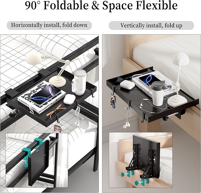 Foldable Bedside Shelf, Metal Clip-On Bed Tray Table for Bunk Bed & Dorm Beds, Dorm Room Essentials Organizer for College Students, Floating Tray, Space Saving Nightstand for Loft Beds (Black, Small)