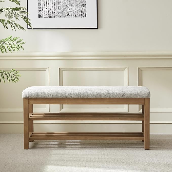 VKNOW Entryway Bench, 44.3” Upholstered Shoe Bench for Bedroom, 2-Tier Storage End of Bed Bench with Rubberwood Legs for Living Room, Hallway, Beige