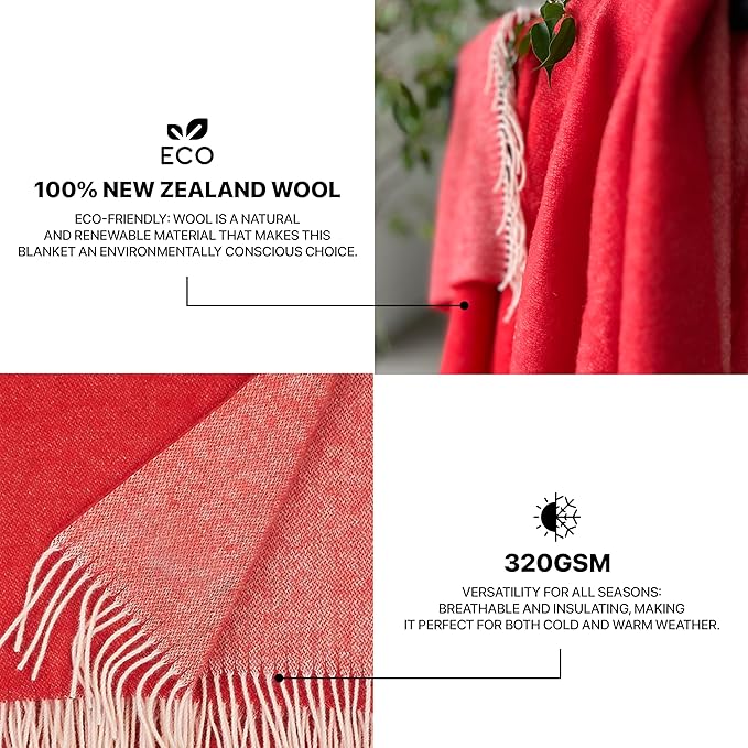 New Zealand Virgin Wool Throw Blanket, Indoor & Outdoor, Soft Blanket with Fringes, 55 x 79 in (140 x 200 cm)