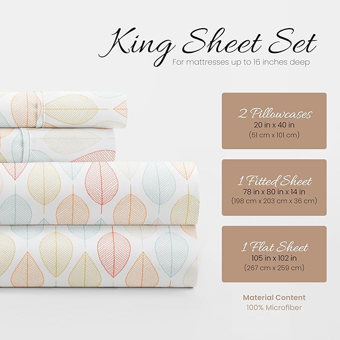 Linen Market Patterned Microfiber King Sheet Set 4 Piece – Oeko-TEX Certified Ultra Soft & Wrinkle-Free - 16" Deep Pocket Sheets - Easy Care King Size - Fall Foliage Yellow