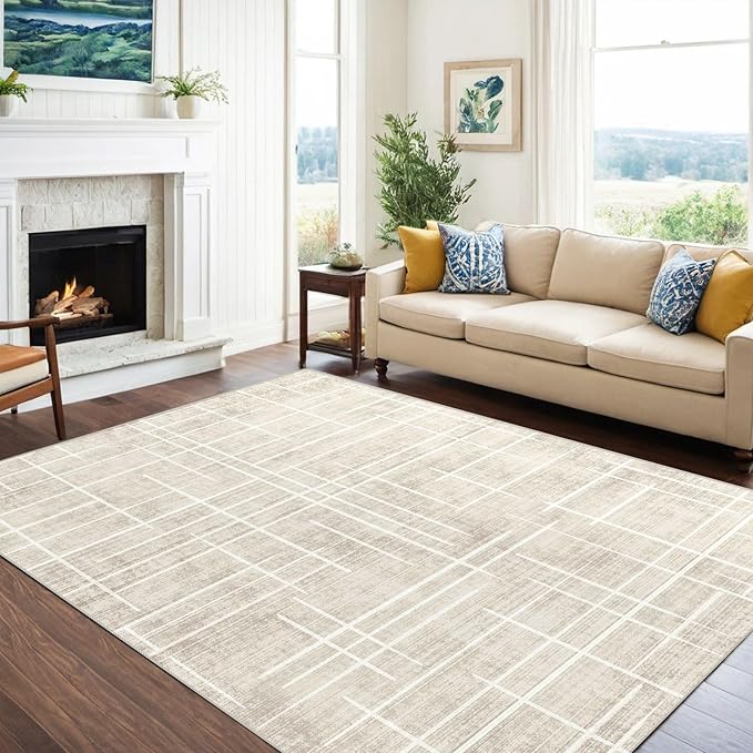 5x7 Area Rugs - Ultra-Thin Washable Rug with Non-Slip Backing, Ideal for Living Room, Bedroom, Kitchen Floor Beige Carpet - Modern Neutral Style, Easy Clean, Durable, Low Pile Rug