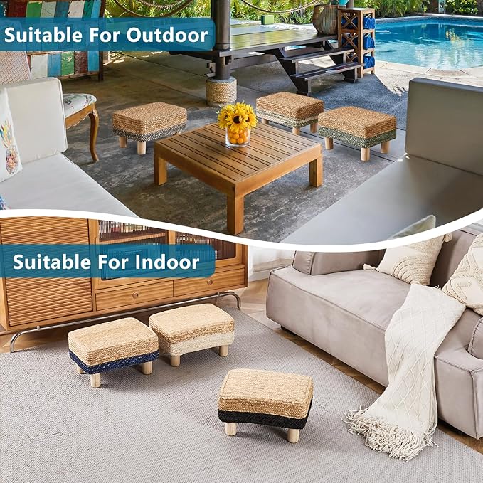 Wimarsbon Natural Seagrass Footstool Ottoman Rectangular Footrest Pouf Ottomans with Wooden Legs Hand Weave Step Stool for Living Room Bedroom Entryway Black