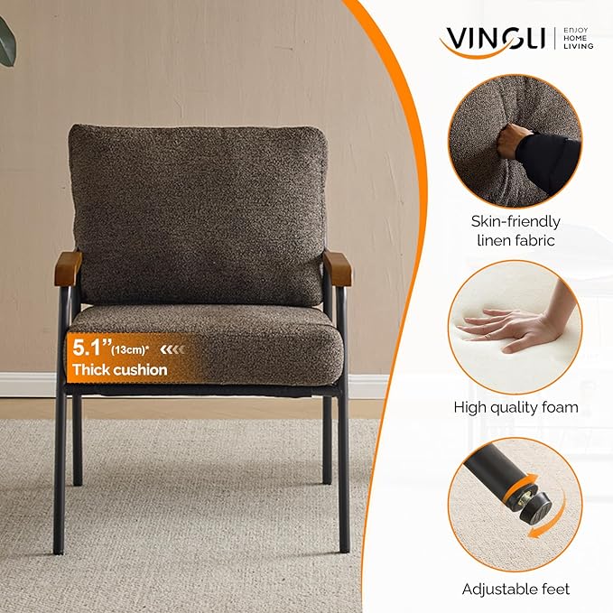 VINGLI Mid-Century Modern Accent Armchiars Set of 2 for Small Space, Small Comfy Upholstered Leisure Reading Chairs with Wood Armrests for Bedroom, Living Room, Waiting Room, Linen Expresso