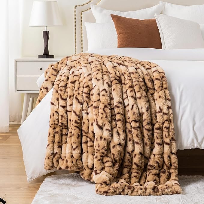 BATTILO HOME Luxury Ruched Faux Fur Throw Blanket Leopard Print, Double Side Soft Warm Rabbit Fur Blanket for Bed, Couch, Fall Throw Blanket for Home Decor, Large Cozy Mink Blanket 60"x80"