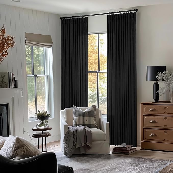 Black Pinch Pleated Linen Curtains 80 Inches Long for Living Room Bedroom Light Filtering Boho Window Drape 80 Inch 2 Panels with Hooks Rings Back Tab Sliding Glass Door Semi Sheer Curtain