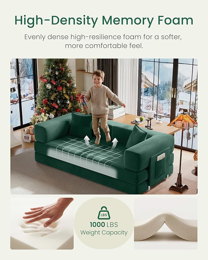 78.8" Convertible Sofa Bed,Corduroy Futon Couch with Storage Pocket,Folding Pull Out Futon Sofa,No Assembly Boneless Couch for Living Room, Emerald Green | Convertible Sofa Bed, Boneless Couch, sofa for living room, sleeper sofa, modular sofa