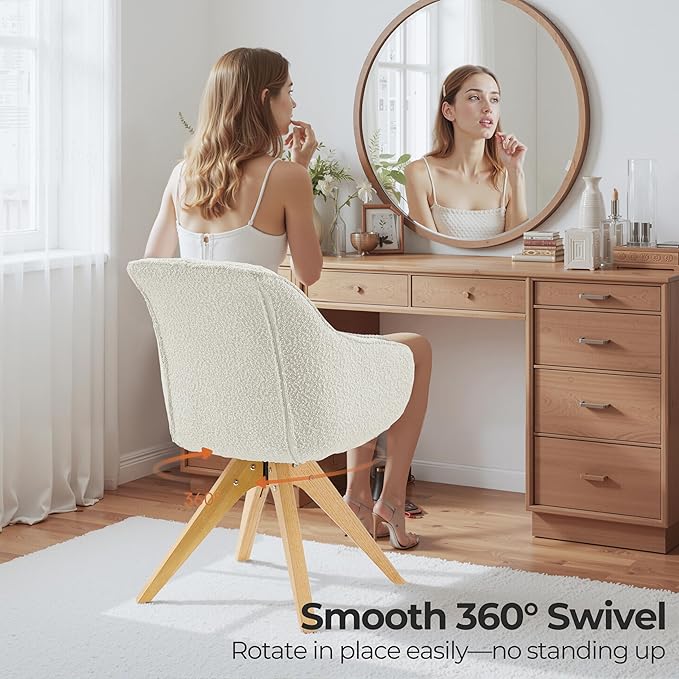 Zouron Desk Chair with Wooden Legs, Swivel Accent Chairs No Wheels, Modern Vanity Arm Chair for Small Space Home Office Living Room Bedroom, Ivory and Natural Wood