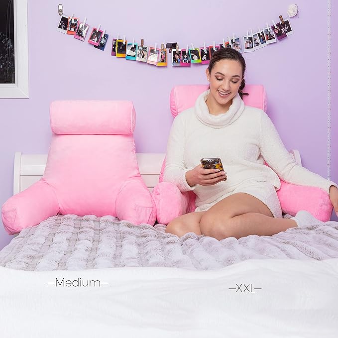 Husband Pillow Medium Pink, Backrest for Kids, Teens, Petite Adults - Reading Pillows with Arms, Adjustable Loft, Plush Memory Foam, Bed Rest Chair for Sitting Up, Detach Neck Roll, Removable Cover