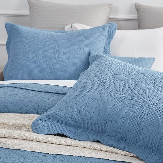 CHIXIN Oversized Bedspread Coverlet Set King Size - Lightweight Bedding Cover - Ultrasonic Quilting - 5 Piece Reversible Bedspread - Vintage Rose Pattern (King, Ashley Blue)