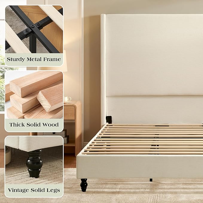 Queen Bed Frame with 63" Tall Headboard, Horizontal Fine Corduroy Bed Frame with Wingback, Upholstered Platform Bed, Vintage Solid Wood Gourd Legs, No Box Spring Needed, Cream