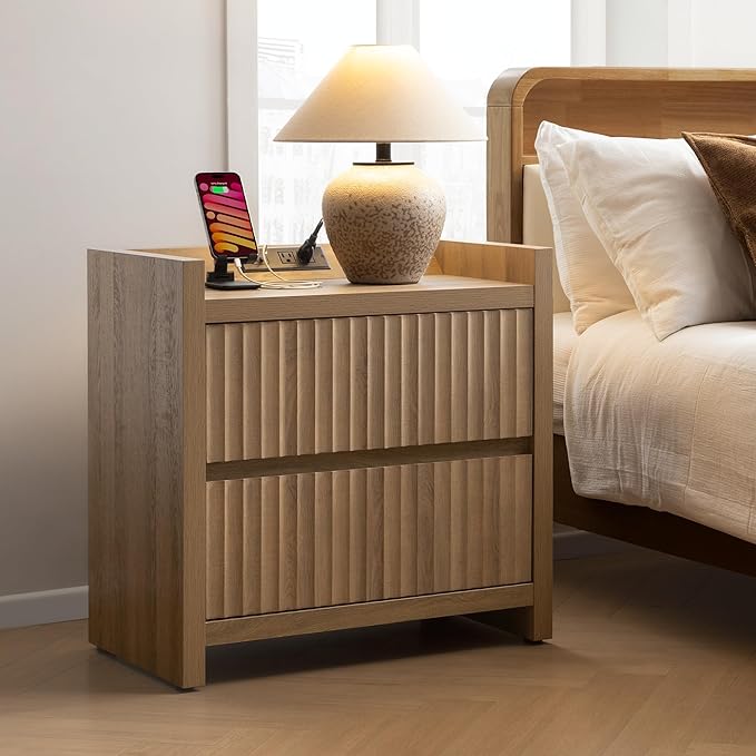 SICOTAS Night Stand Fluted Nightstands with Charging Station- Modern 2 Drawers Nightstand 25" Tall Bedside Table End Table, Large Night Stands for Bedroom, Living Room Sofa Side (Caramel Oak, 1 Piece)