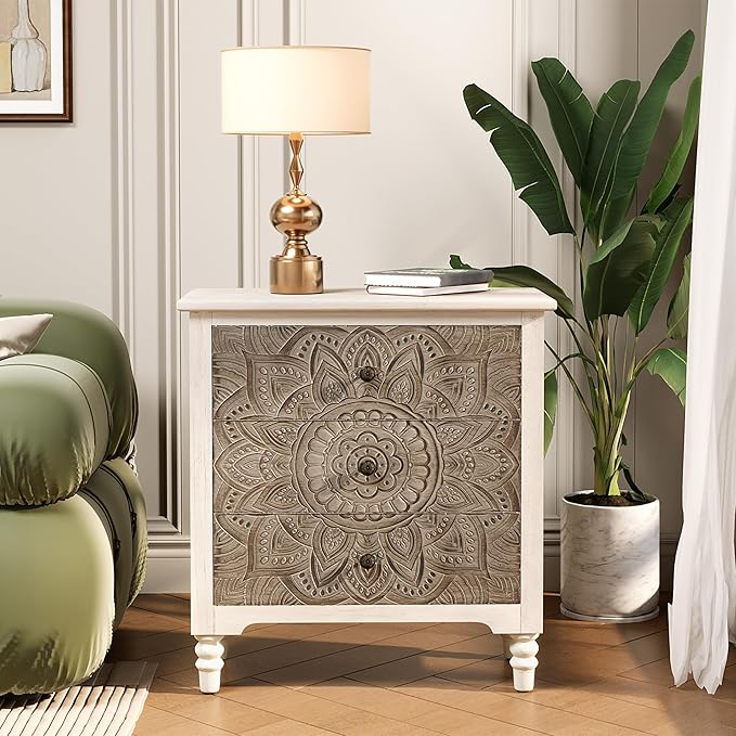 COSIEST 3 Drawers Nightstand, Accent Dresser, 29'' Tall Wood Vintage Small Accent Chest, Bedside Table,Bedroom Furniture for Home, Entryway (Lotus Pattern)