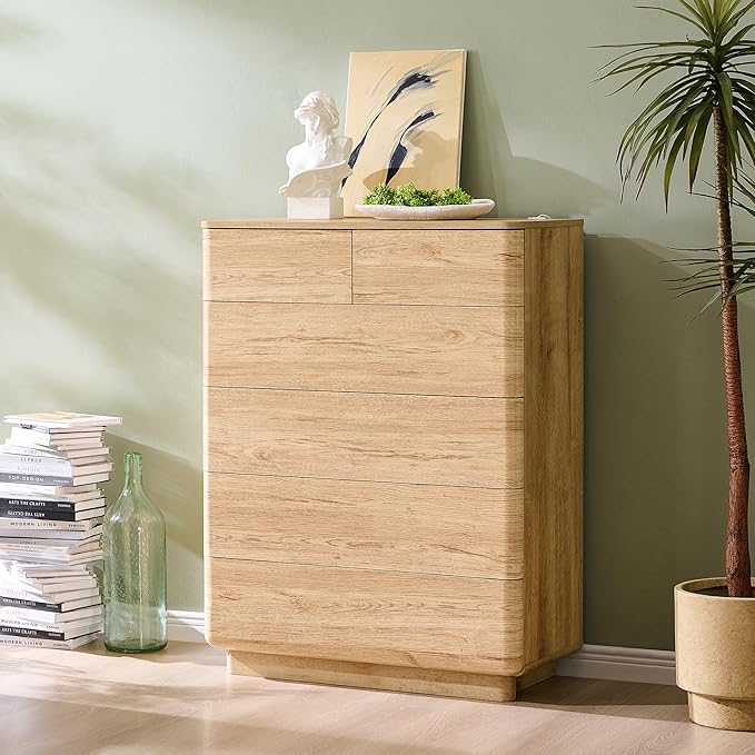 ACCOHOHO 6 Drawer Dresser for Bedroom, 42 Inch Tall Modern Chest of Drawers, Push-to-Open Wood Storgae Organizer with Large Drawers for Bedroom, Living Room, Hallway, Natural Oak