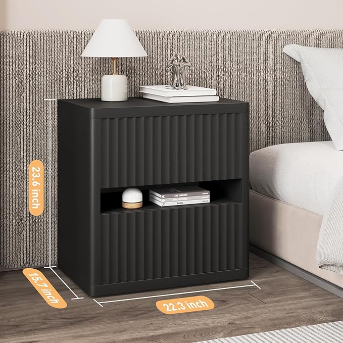 Dripex Fluted Nightstand with 2 Drawers, Large Wide Wood Night Stand Bedside Tables for Bedroom, Mid-Century Modern Storage Bed Side Table, End Tables for Living Room Sofa Couch, Black, Set of 2