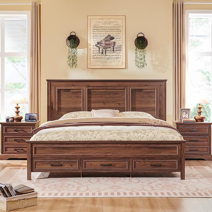 ACCOHOHO Farmhouse King Size Bed Frame with 52" Tall Headboard, Wood Platform Bedframe with Footboard and Storage Drawers, No Squeak, No Box Spring Needed, Brown