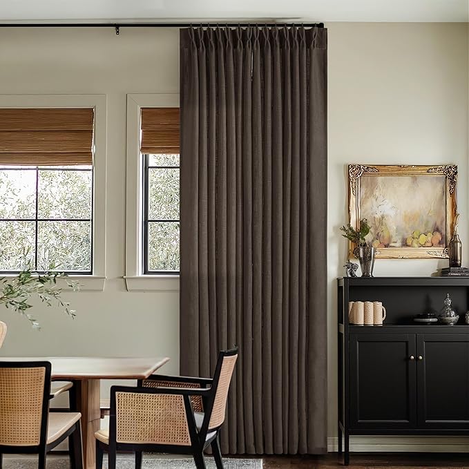 Dark Chocolate Pinch Pleated Linen Curtains 2 Panels for Living Room Bedroom Memory Training Shaped Semi Sheer Pleat Drapes with Hooks Rings Light Filtering Window Curtain 40x108