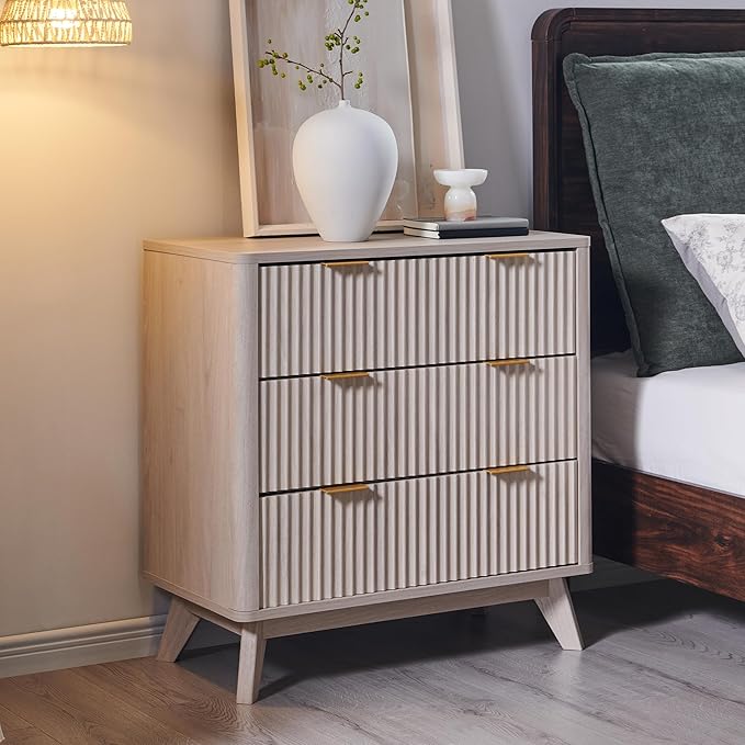 T4TREAM Fluted 3 Drawers Nightstand, Oversized Extra Large Modern Side Table, End Table Bedside for Bedroom, Living Room, Curved Profile Design, White Alder