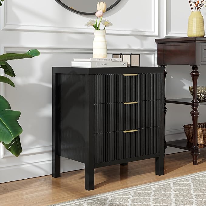Fluted Nightstands Set of 2, Wooden Farmhouse Night Stands with 6 Drawer Bedside Table - Boho Tall End Table Accent Table for Bedroom, Living Room, （Black 2PCS）