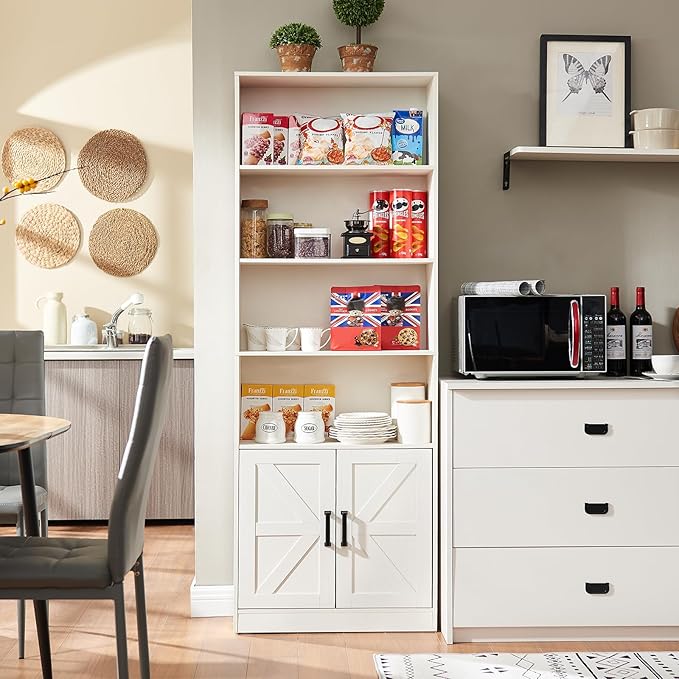 70in Tall Bookshelf 6 Tier Bookcase with Barn Doors and Adjustable Shelf, White Farmhouse Book Shelves with Storage Cabinet,Wood Floorstanding Display Bookshelve for Bedroom,Living Room,2 Piece