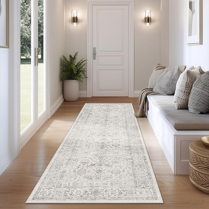 FMFUNCTEX 2x6 Runner Rug Grey Vintage Neutral Washable Distressed Non Slip Low Pile Indoor Carpet Soft Retro Floral Hallway Entryway Rug for Kitchen Living Room Bedroom Bathroom Laundry Entry Bedside