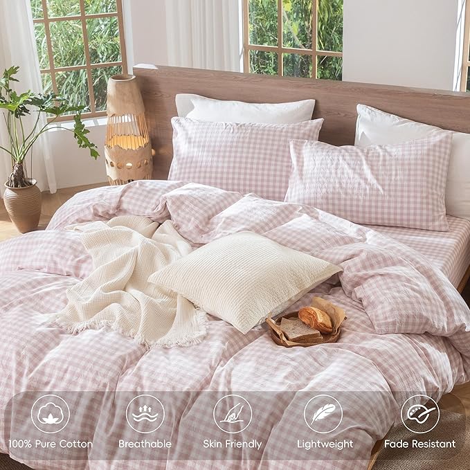 MooMee Gingham Duvet Cover Set 100% Washed Cotton Linen Like Textured Breathable Durable Soft Comfy Modern Checkered Design (Classic Gingham Greyish Pink, Palatial King/Oversized King 120"x98")
