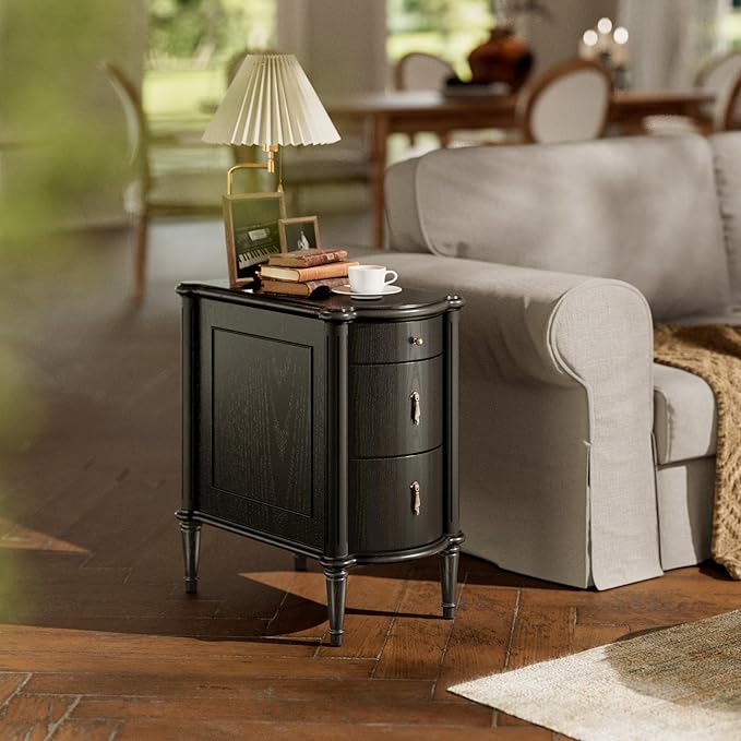 STO'SENSE Nightstand w/Charging Station & 3 Drawers, Pre-Assembled, Vintage Side Table w/Antique-Finished Pulls, Rustic Wood Finish, Narrow End Table w/Turned Legs for Bedroom (1, Black)
