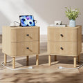 Night Stand Set of 2 with Charging Station, 18" Fluted Nightstand with Rounded Corners & Solid Wood Legs, 2 Drawers End Table, Mid Century Modern Bedside Table for Bedroom, Natural Oak