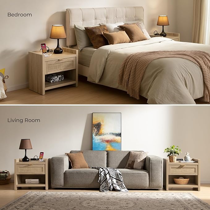 SICOTAS Rattan Nightstands Set of 2 Bedside Table - Boho Night Stand with Type-C Charging Station, Wicker Decor Drawer Storage End Table Night Stands for Bedroom - Light Oak