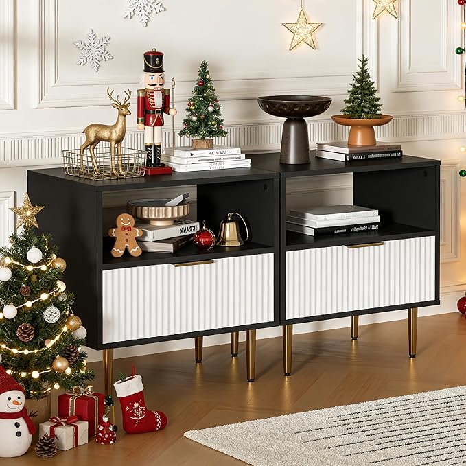 Nightstand with Drawer, End Table with Storage, Bed Side Table with Open Space for Bedroom, Modern Nightstand with Golden Handle, Side Night Stand for Bedroom, Living Room, Black & White