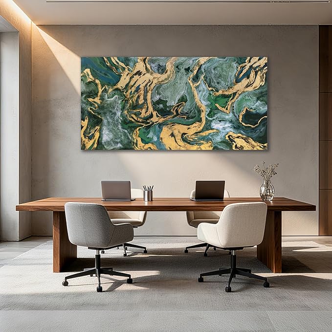 YETHEN WAL Green and Gold Abstract Canvas Wall Art 24×48 inch Horizontal, Emerald Marble Fluid Art, Gallery Wrapped, Ready to Hang, Modern Luxury Decor for Living Room Bedroom Entryway