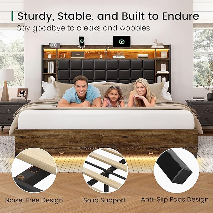 LARMACE King Size Bed Frame with 4 Storage Drawers and Bookcase Headboard, Faux Leather Upholstered, Wooden Platform Bed Frame with Charging Station and LED Lights, No Box Spring Needed, Brown