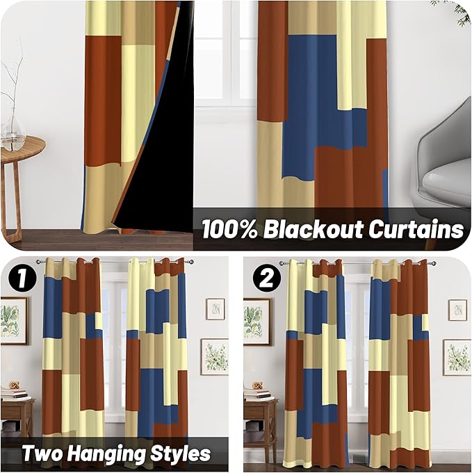 Terracotta Blue 100% Blackout Curtains for Bedroom 96 inch Long 2 Panels Set Modern Abstract Geometric Black Out Curtains Insulated Room Darkening Window Drapes for Living Room, 52Wx96L