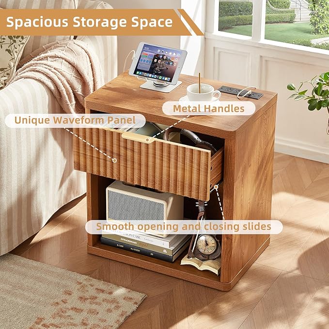 LEYAOYAO Fluted Nightstand with Charging Station, 23" Wide 1 Drawers End Table,Brown Night Stand with Open Storage Cabinet, Farmhouse Bed Side Tables, Wood Dresser for Bedroom, Living Room, Closet