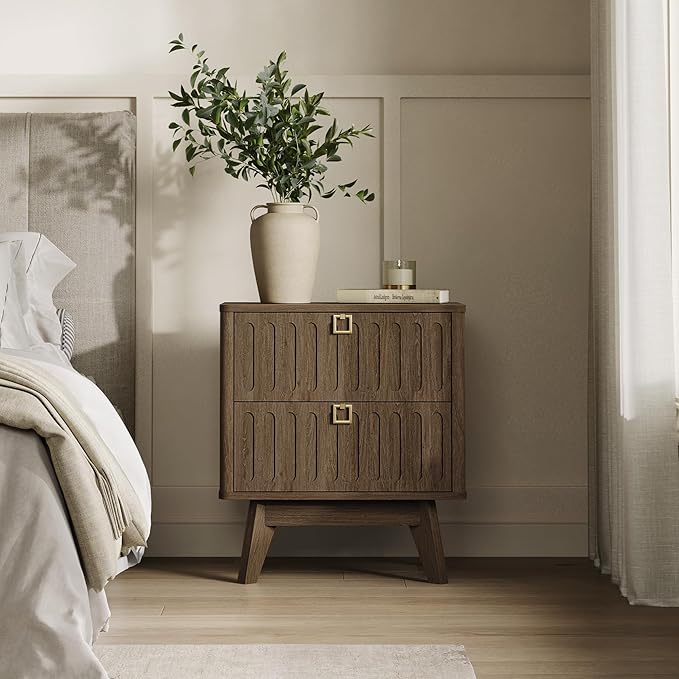 SICOTAS Nightstand Set of 2, Modern Bedside Tables with 2 Drawers, Stable Bedroom Nightstands with Textured Drawer Front and Gold Hardware for Bedroom, Apartment