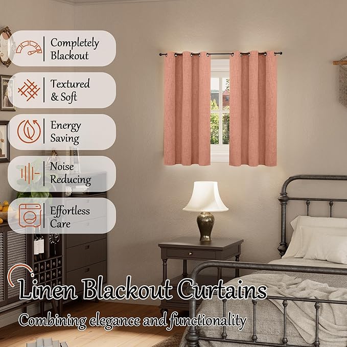 Terracotta Linen Blackout Curtains - 40 Inch Long Thermal Insulated Fall Curtains for Short Cafe Window Basement, Noise Reducing Light Blocking Privacy Curtains 2 Panels, 38x40 Inch 2 Panels